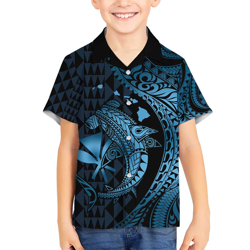 Aloha Hawaii Hammerhead Shark Kid Hawaiian Shirt Blue Kakau and Polynesian Tattoo LT03