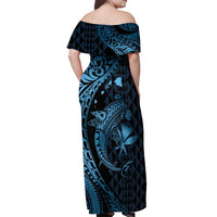 Aloha Hawaii Hammerhead Shark Off Shoulder Maxi Dress Blue Kakau and Polynesian Tattoo LT03