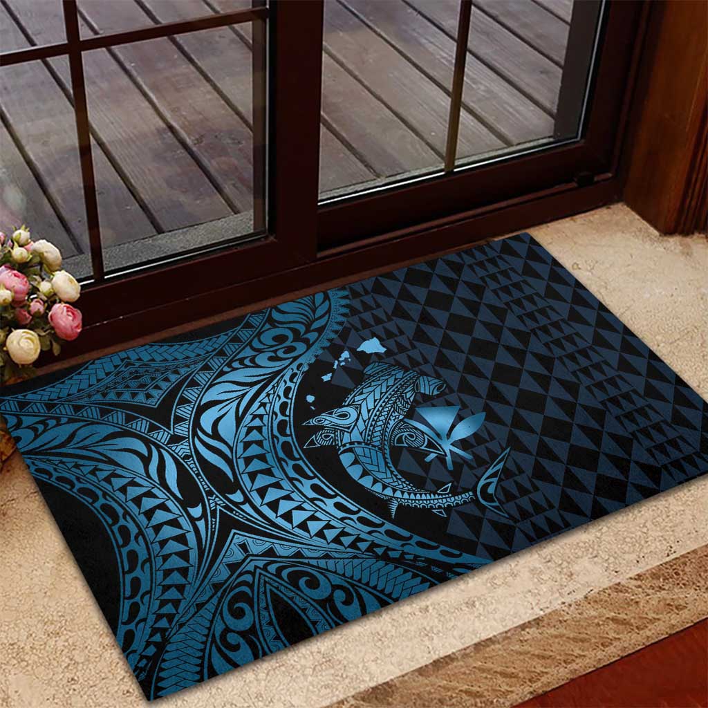 Aloha Hawaii Hammerhead Shark Rubber Doormat Blue Kakau and Polynesian Tattoo LT03