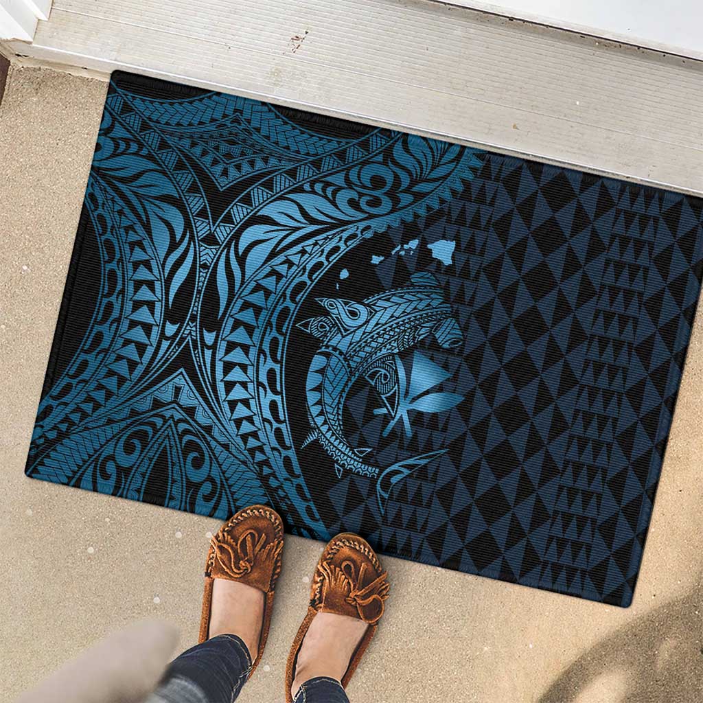 Aloha Hawaii Hammerhead Shark Rubber Doormat Blue Kakau and Polynesian Tattoo LT03