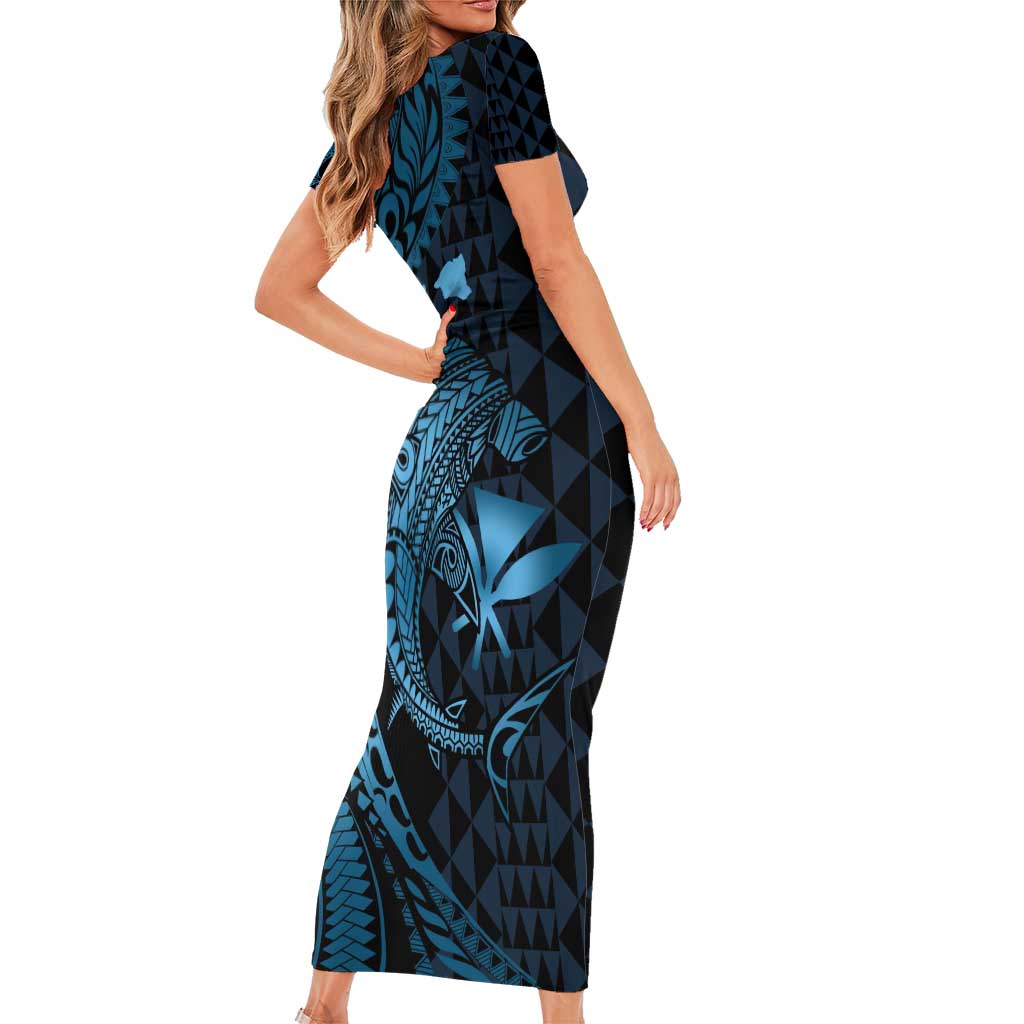 Aloha Hawaii Hammerhead Shark Short Sleeve Bodycon Dress Blue Kakau and Polynesian Tattoo LT03