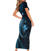 Aloha Hawaii Hammerhead Shark Short Sleeve Bodycon Dress Blue Kakau and Polynesian Tattoo LT03