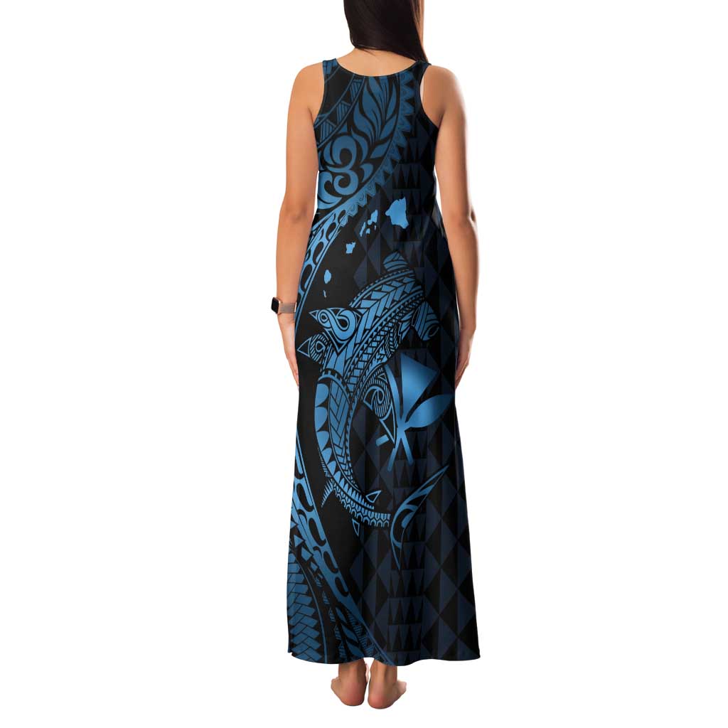 Aloha Hawaii Hammerhead Shark Tank Maxi Dress Blue Kakau and Polynesian Tattoo LT03