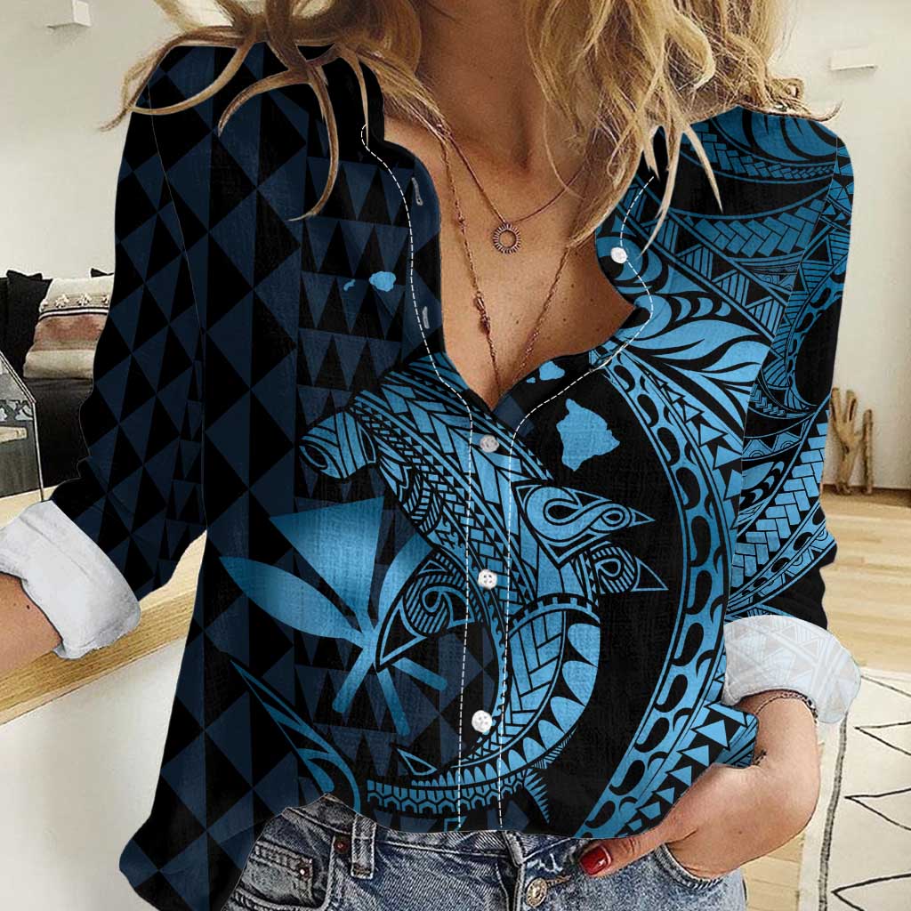 Aloha Hawaii Hammerhead Shark Women Casual Shirt Blue Kakau and Polynesian Tattoo LT03