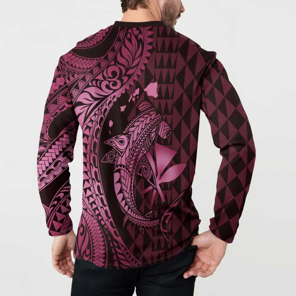 Aloha Hawaii Hammerhead Shark Button Sweatshirt Pink Kakau and Polynesian Tattoo LT03