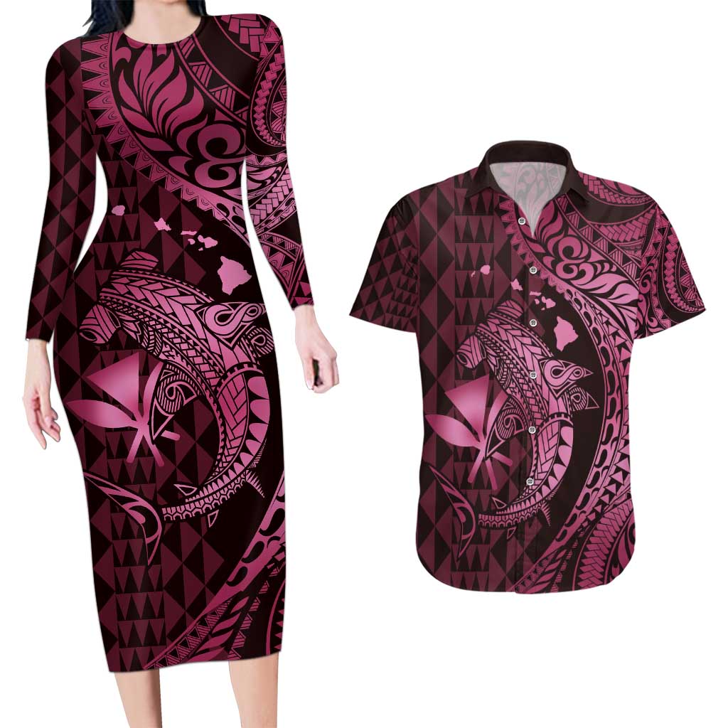 Aloha Hawaii Hammerhead Shark Couples Matching Long Sleeve Bodycon Dress and Hawaiian Shirt Pink Kakau and Polynesian Tattoo LT03