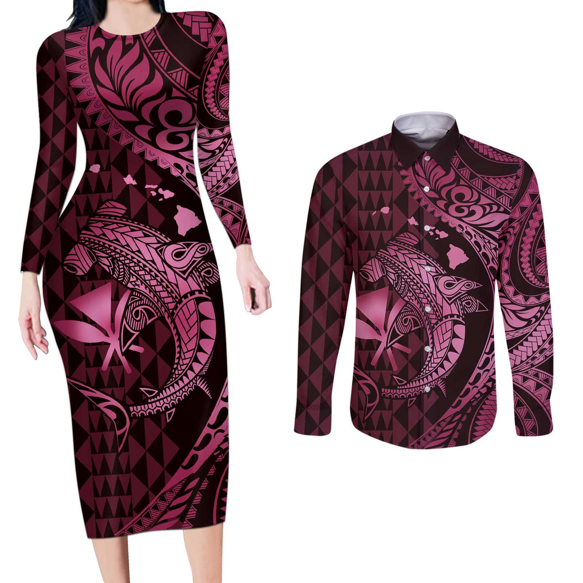 Aloha Hawaii Hammerhead Shark Couples Matching Long Sleeve Bodycon Dress and Long Sleeve Button Shirt Pink Kakau and Polynesian Tattoo LT03