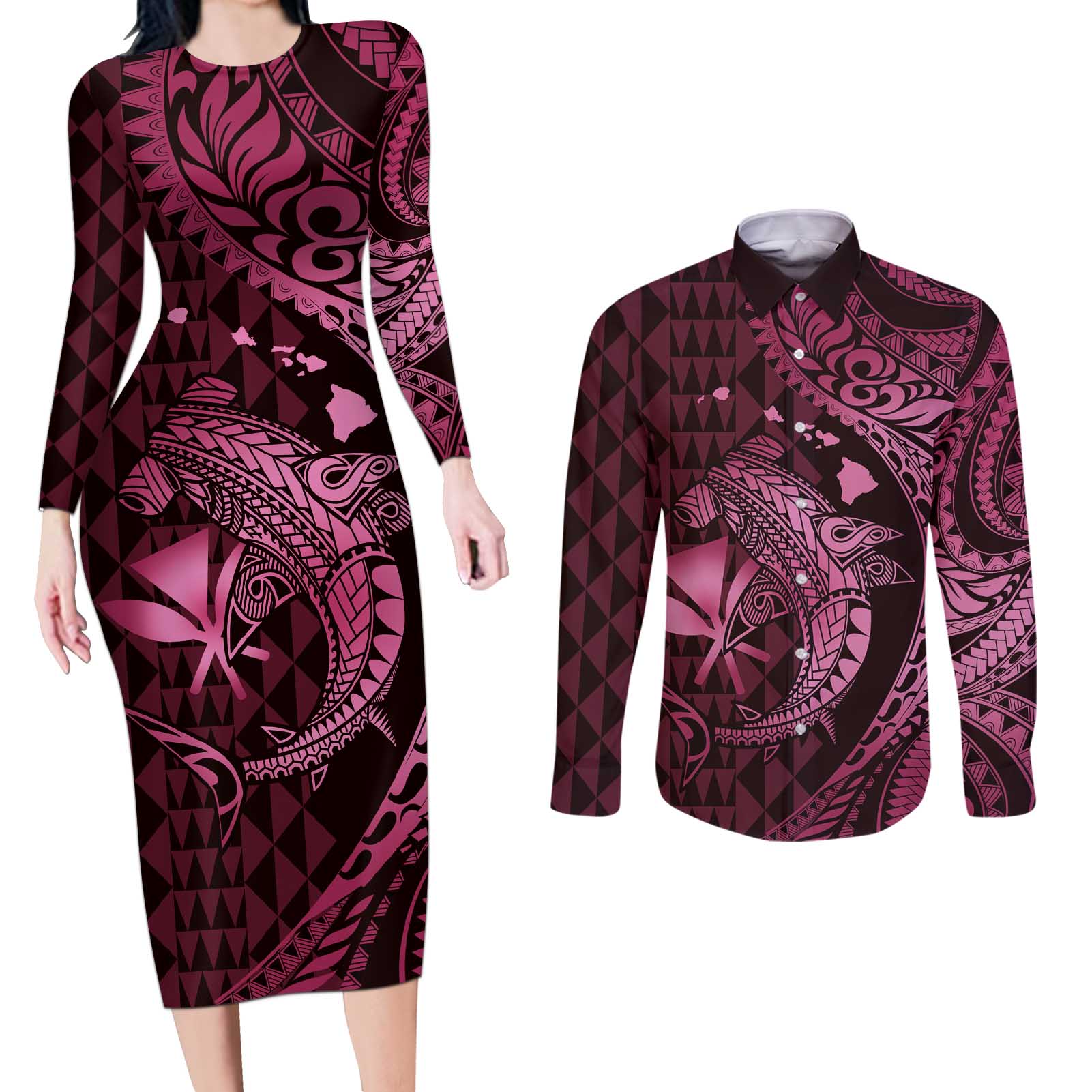 Aloha Hawaii Hammerhead Shark Couples Matching Long Sleeve Bodycon Dress and Long Sleeve Button Shirt Pink Kakau and Polynesian Tattoo LT03