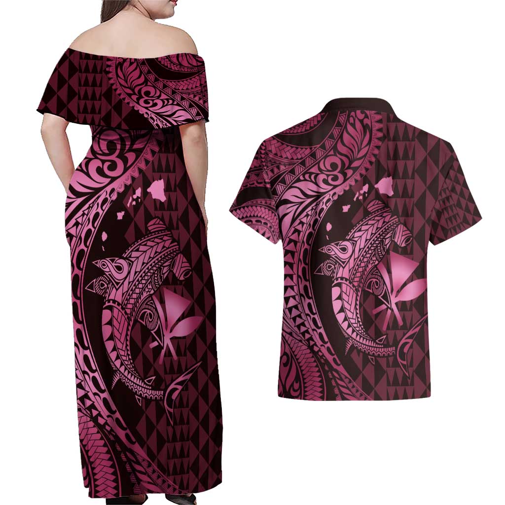 Aloha Hawaii Hammerhead Shark Couples Matching Off Shoulder Maxi Dress and Hawaiian Shirt Pink Kakau and Polynesian Tattoo LT03