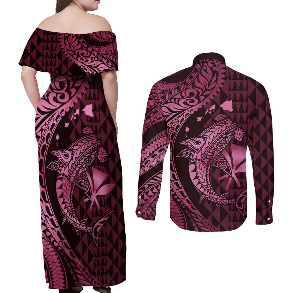Aloha Hawaii Hammerhead Shark Couples Matching Off Shoulder Maxi Dress and Long Sleeve Button Shirt Pink Kakau and Polynesian Tattoo LT03