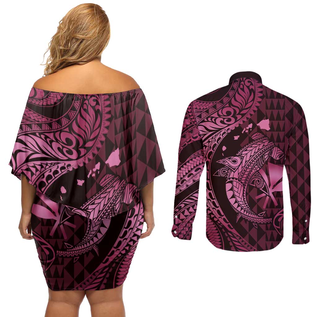 Aloha Hawaii Hammerhead Shark Couples Matching Off Shoulder Short Dress and Long Sleeve Button Shirt Pink Kakau and Polynesian Tattoo LT03