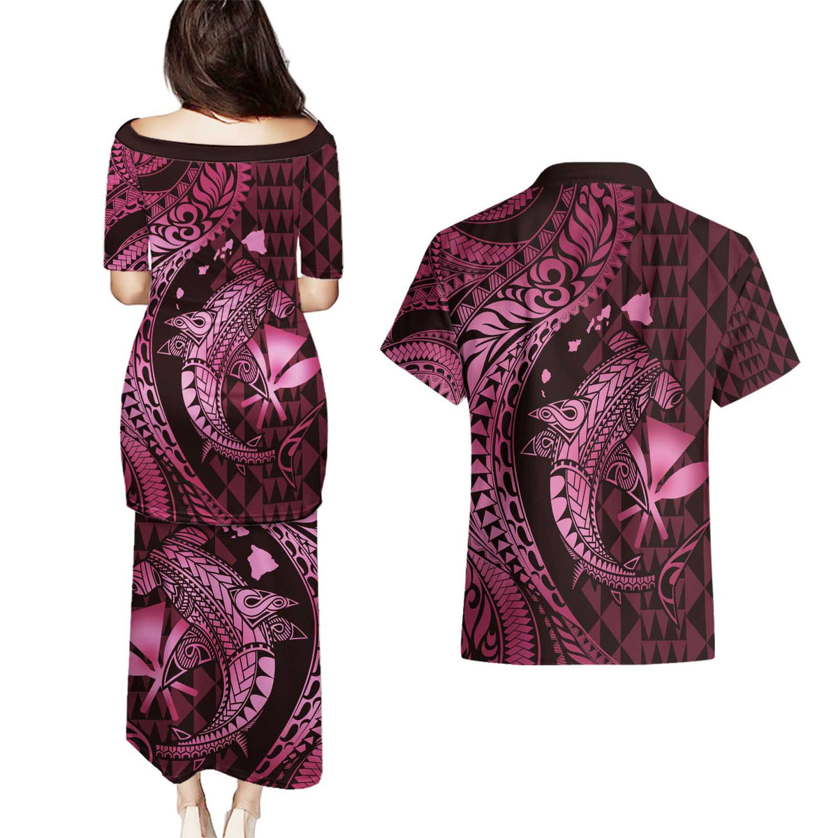 Aloha Hawaii Hammerhead Shark Couples Matching Puletasi and Hawaiian Shirt Pink Kakau and Polynesian Tattoo LT03
