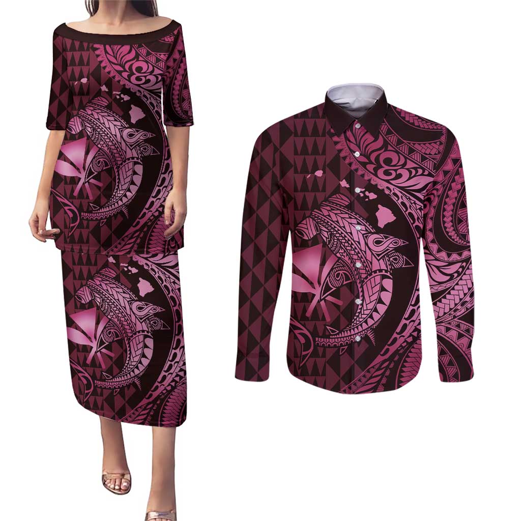 Aloha Hawaii Hammerhead Shark Couples Matching Puletasi and Long Sleeve Button Shirt Pink Kakau and Polynesian Tattoo LT03