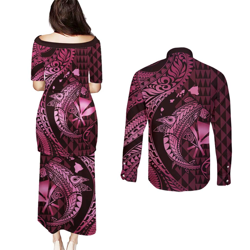 Aloha Hawaii Hammerhead Shark Couples Matching Puletasi and Long Sleeve Button Shirt Pink Kakau and Polynesian Tattoo LT03
