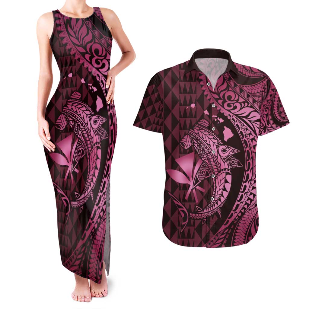 Aloha Hawaii Hammerhead Shark Couples Matching Tank Maxi Dress and Hawaiian Shirt Pink Kakau and Polynesian Tattoo LT03
