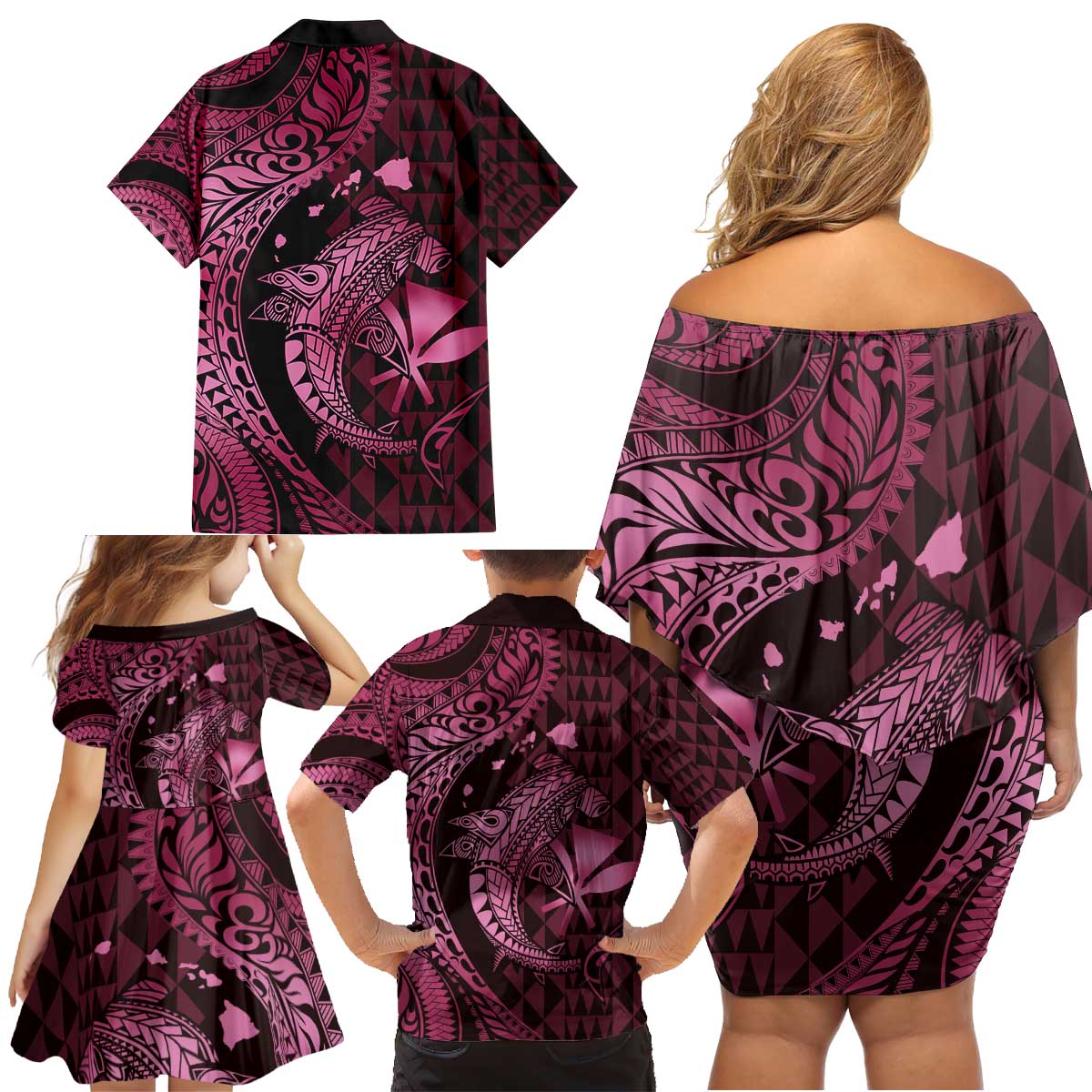 Aloha Hawaii Hammerhead Shark Family Matching Off Shoulder Short Dress and Hawaiian Shirt Pink Kakau and Polynesian Tattoo LT03