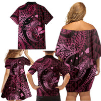 Aloha Hawaii Hammerhead Shark Family Matching Off Shoulder Short Dress and Hawaiian Shirt Pink Kakau and Polynesian Tattoo LT03