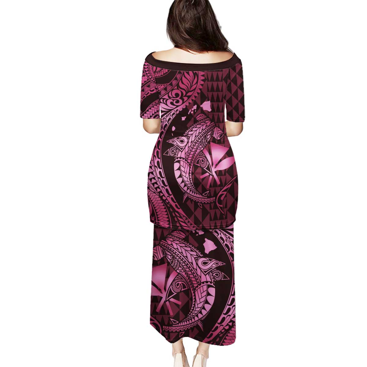 Aloha Hawaii Hammerhead Shark Family Matching Puletasi and Hawaiian Shirt Pink Kakau and Polynesian Tattoo LT03