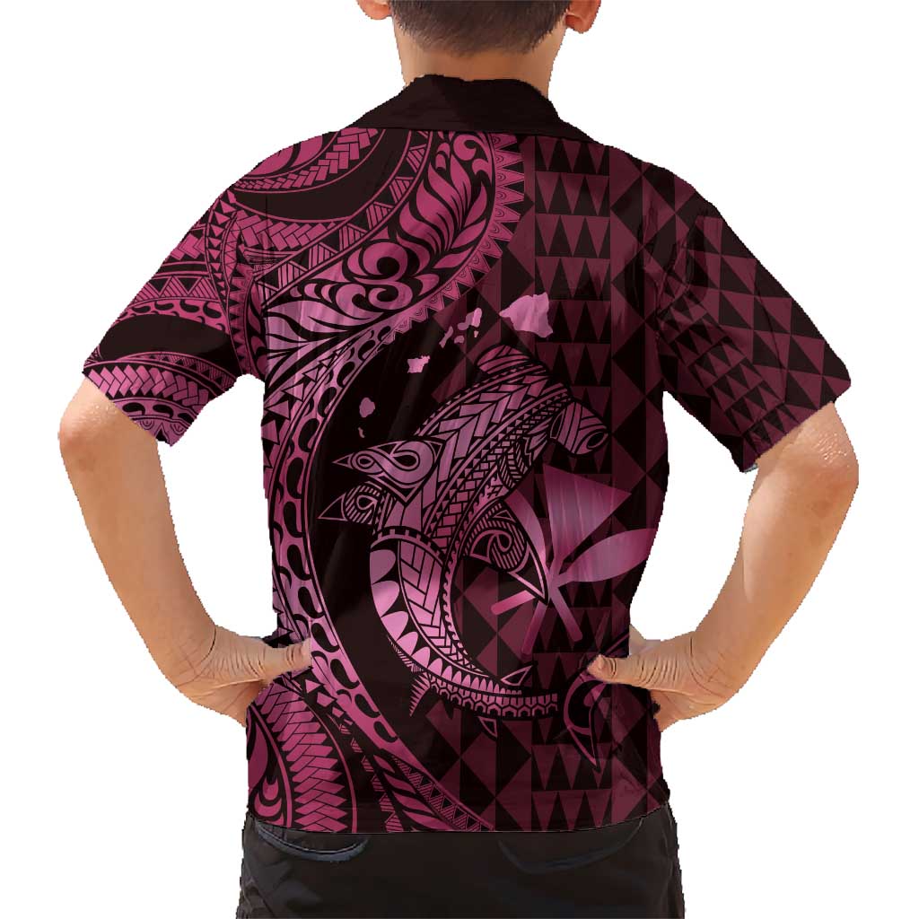 Aloha Hawaii Hammerhead Shark Kid Hawaiian Shirt Pink Kakau and Polynesian Tattoo LT03