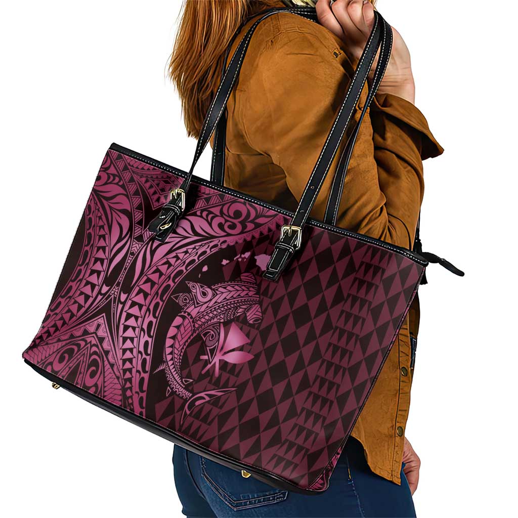 Aloha Hawaii Hammerhead Shark Leather Tote Bag Pink Kakau and Polynesian Tattoo LT03
