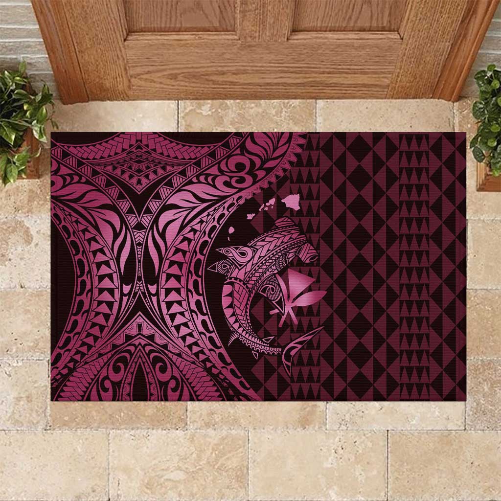 Aloha Hawaii Hammerhead Shark Rubber Doormat Pink Kakau and Polynesian Tattoo LT03