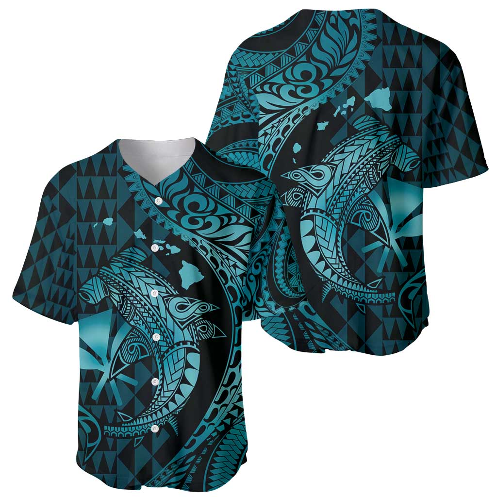 Aloha Hawaii Hammerhead Shark Baseball Jersey Turquoise Kakau and Polynesian Tattoo LT03 - Polynesian Pride