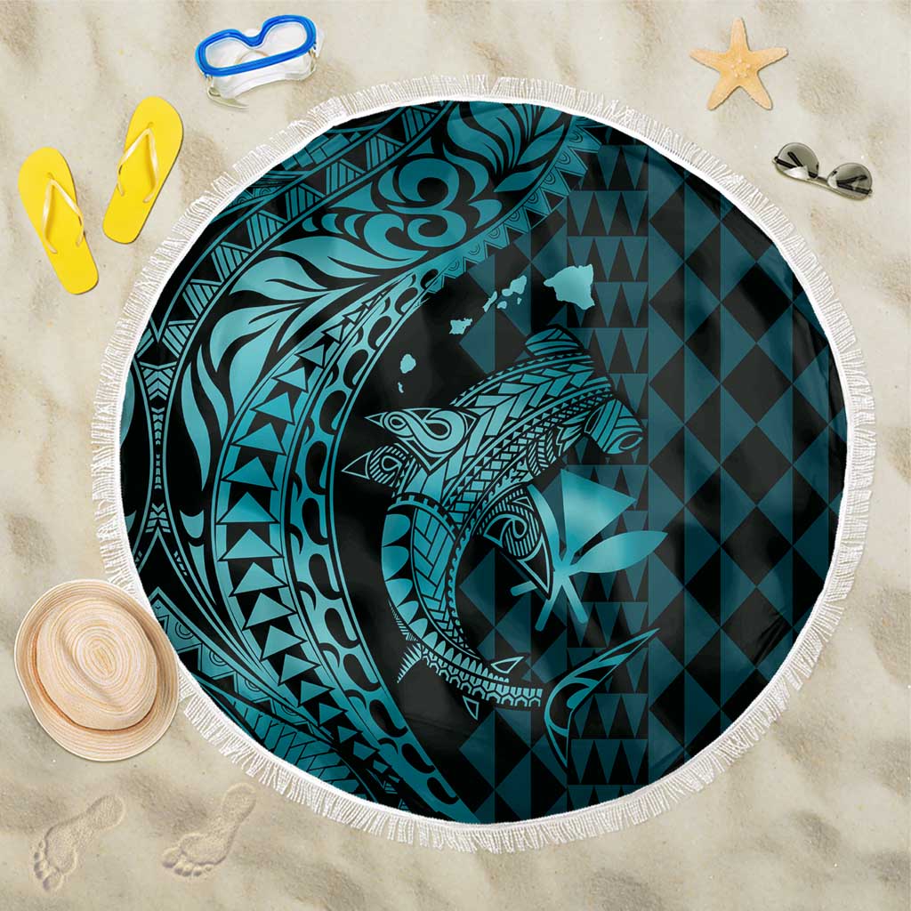 Aloha Hawaii Hammerhead Shark Beach Blanket Turquoise Kakau and Polynesian Tattoo LT03