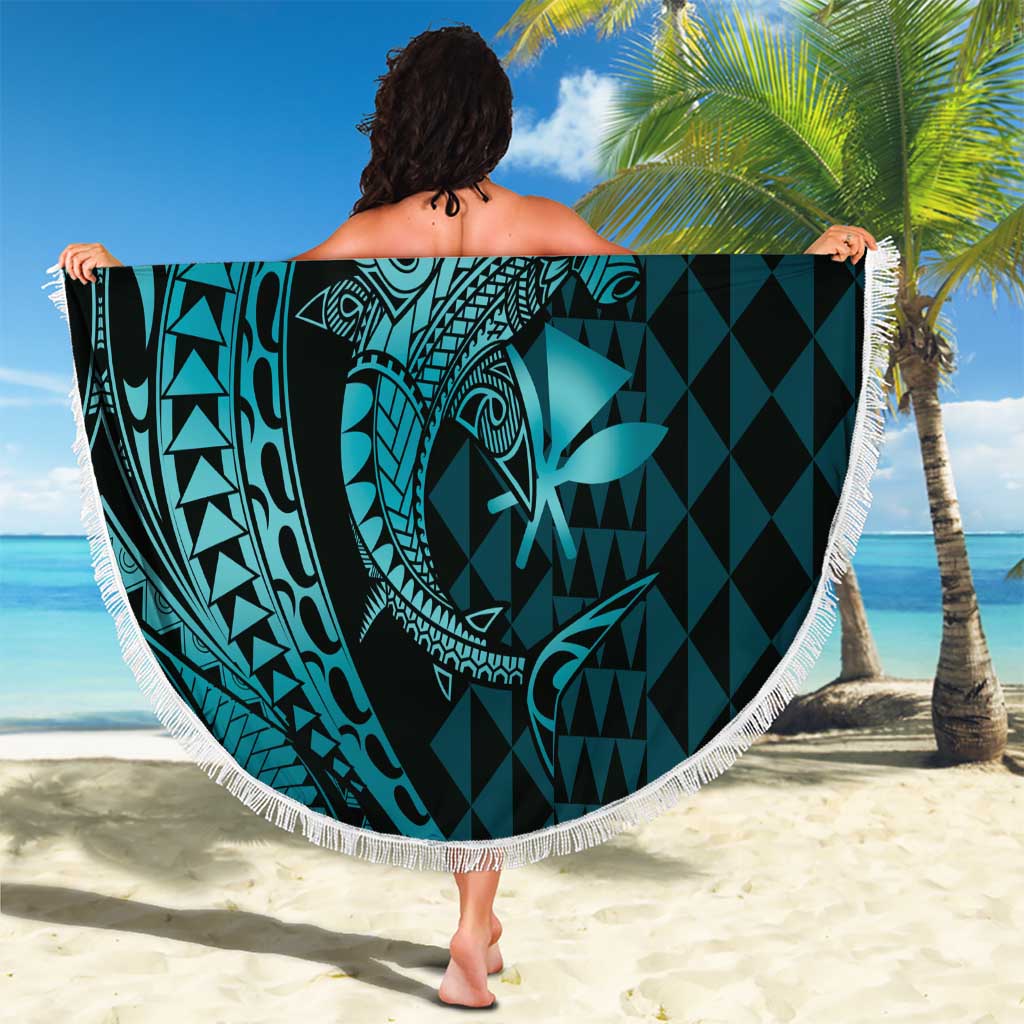 Aloha Hawaii Hammerhead Shark Beach Blanket Turquoise Kakau and Polynesian Tattoo LT03