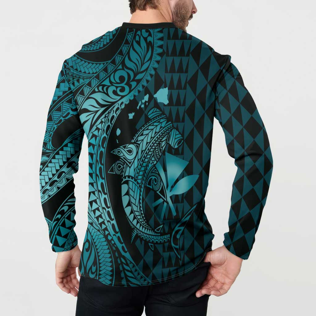 Aloha Hawaii Hammerhead Shark Button Sweatshirt Turquoise Kakau and Polynesian Tattoo LT03