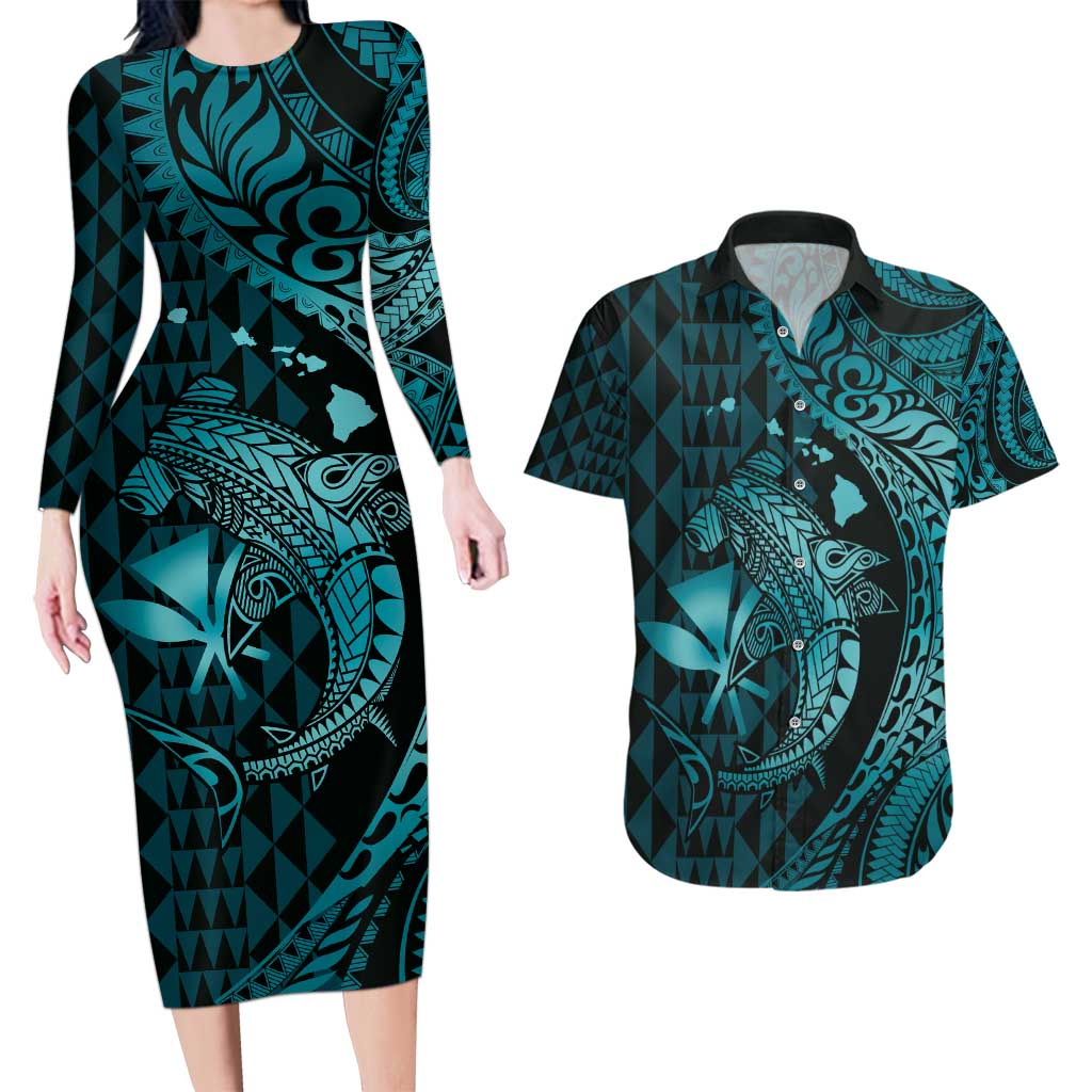 Aloha Hawaii Hammerhead Shark Couples Matching Long Sleeve Bodycon Dress and Hawaiian Shirt Turquoise Kakau and Polynesian Tattoo LT03