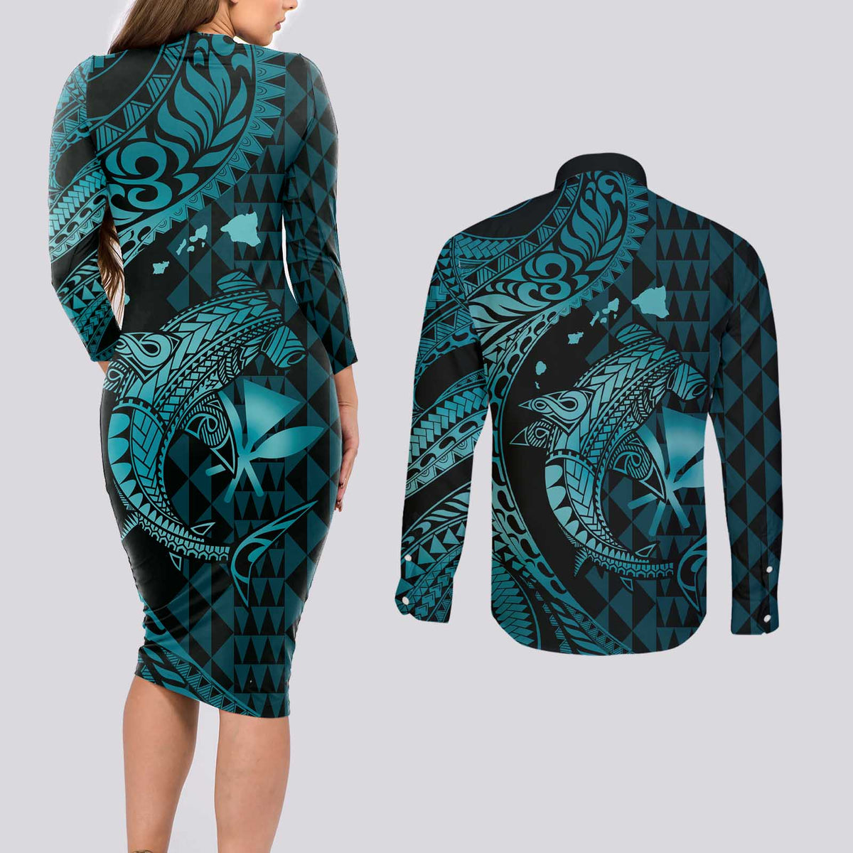 Aloha Hawaii Hammerhead Shark Couples Matching Long Sleeve Bodycon Dress and Long Sleeve Button Shirt Turquoise Kakau and Polynesian Tattoo LT03