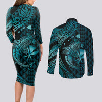 Aloha Hawaii Hammerhead Shark Couples Matching Long Sleeve Bodycon Dress and Long Sleeve Button Shirt Turquoise Kakau and Polynesian Tattoo LT03