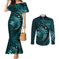 Aloha Hawaii Hammerhead Shark Couples Matching Mermaid Dress and Long Sleeve Button Shirt Turquoise Kakau and Polynesian Tattoo LT03