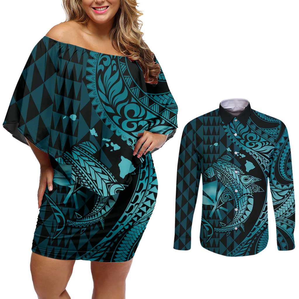 Aloha Hawaii Hammerhead Shark Couples Matching Off Shoulder Short Dress and Long Sleeve Button Shirt Turquoise Kakau and Polynesian Tattoo LT03
