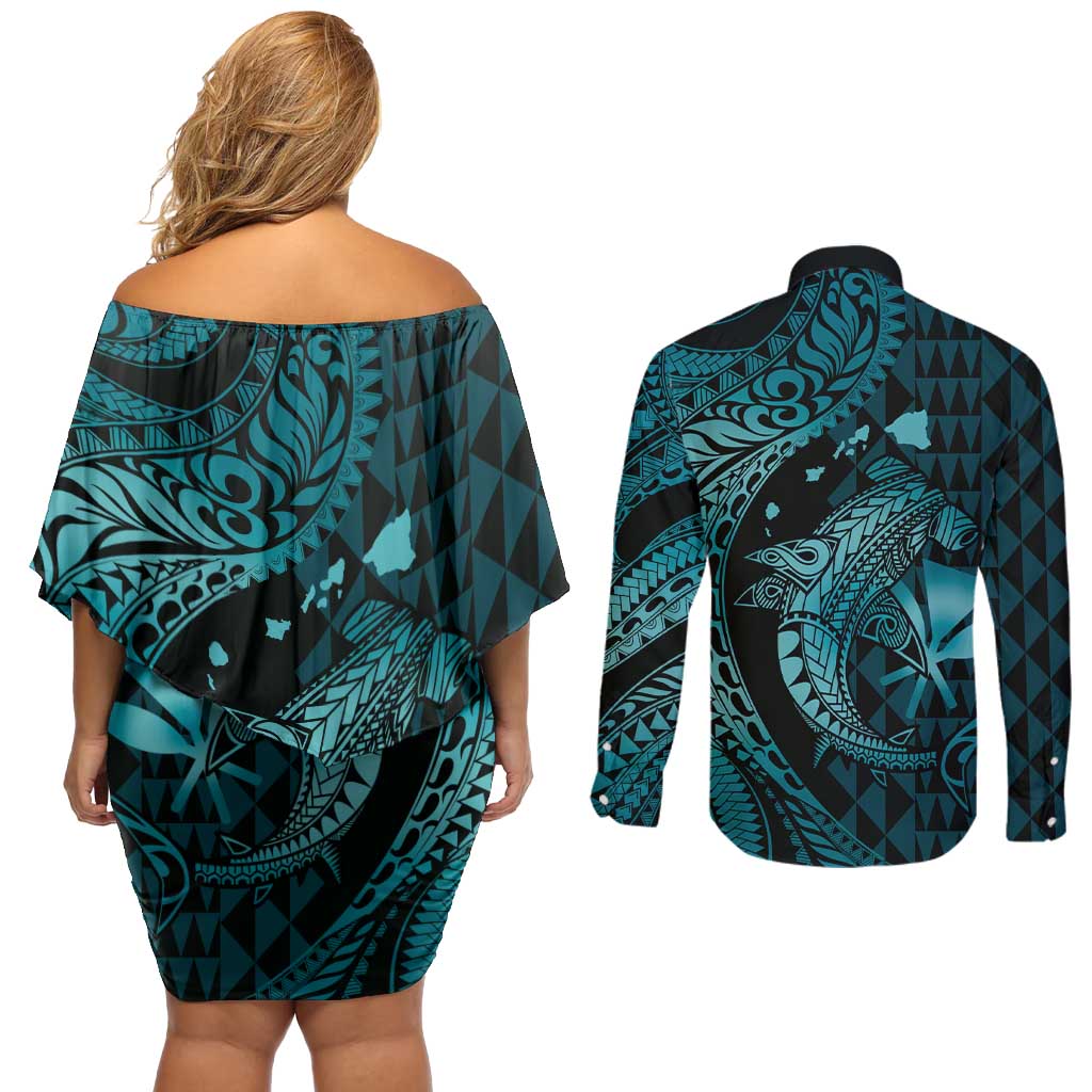 Aloha Hawaii Hammerhead Shark Couples Matching Off Shoulder Short Dress and Long Sleeve Button Shirt Turquoise Kakau and Polynesian Tattoo LT03