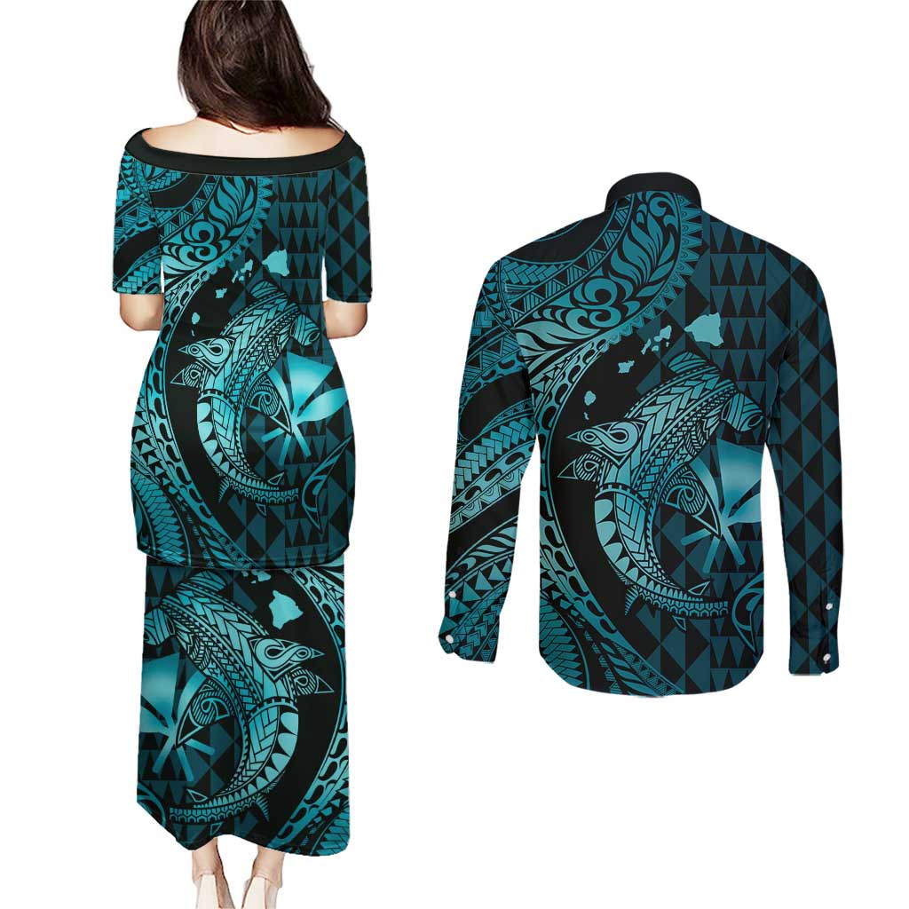 Aloha Hawaii Hammerhead Shark Couples Matching Puletasi and Long Sleeve Button Shirt Turquoise Kakau and Polynesian Tattoo LT03