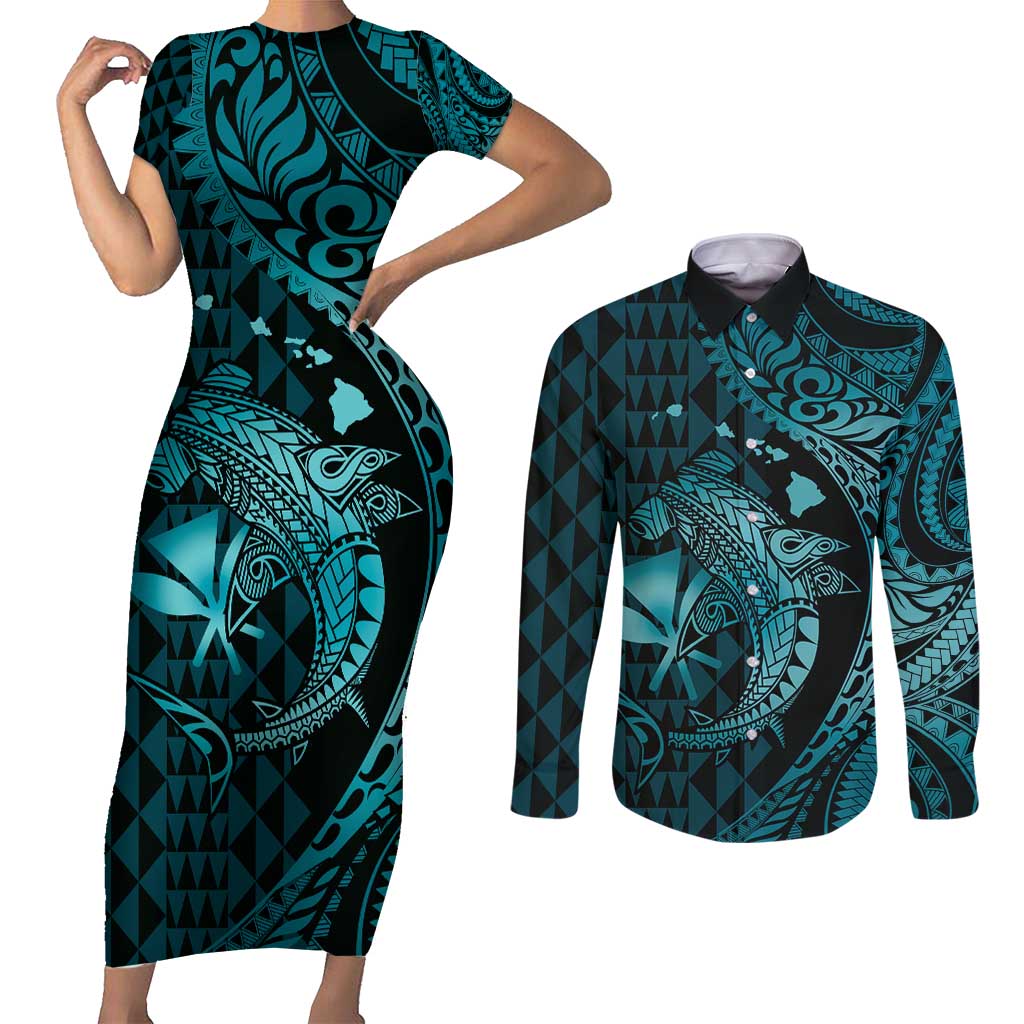 Aloha Hawaii Hammerhead Shark Couples Matching Short Sleeve Bodycon Dress and Long Sleeve Button Shirt Turquoise Kakau and Polynesian Tattoo LT03