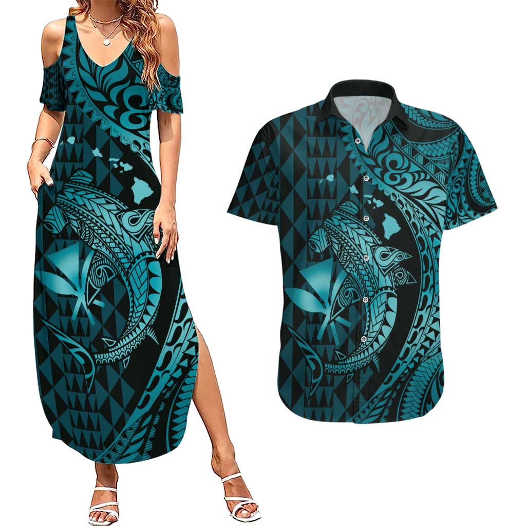 Aloha Hawaii Hammerhead Shark Couples Matching Summer Maxi Dress and Hawaiian Shirt Turquoise Kakau and Polynesian Tattoo LT03