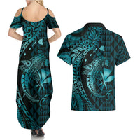 Aloha Hawaii Hammerhead Shark Couples Matching Summer Maxi Dress and Hawaiian Shirt Turquoise Kakau and Polynesian Tattoo LT03