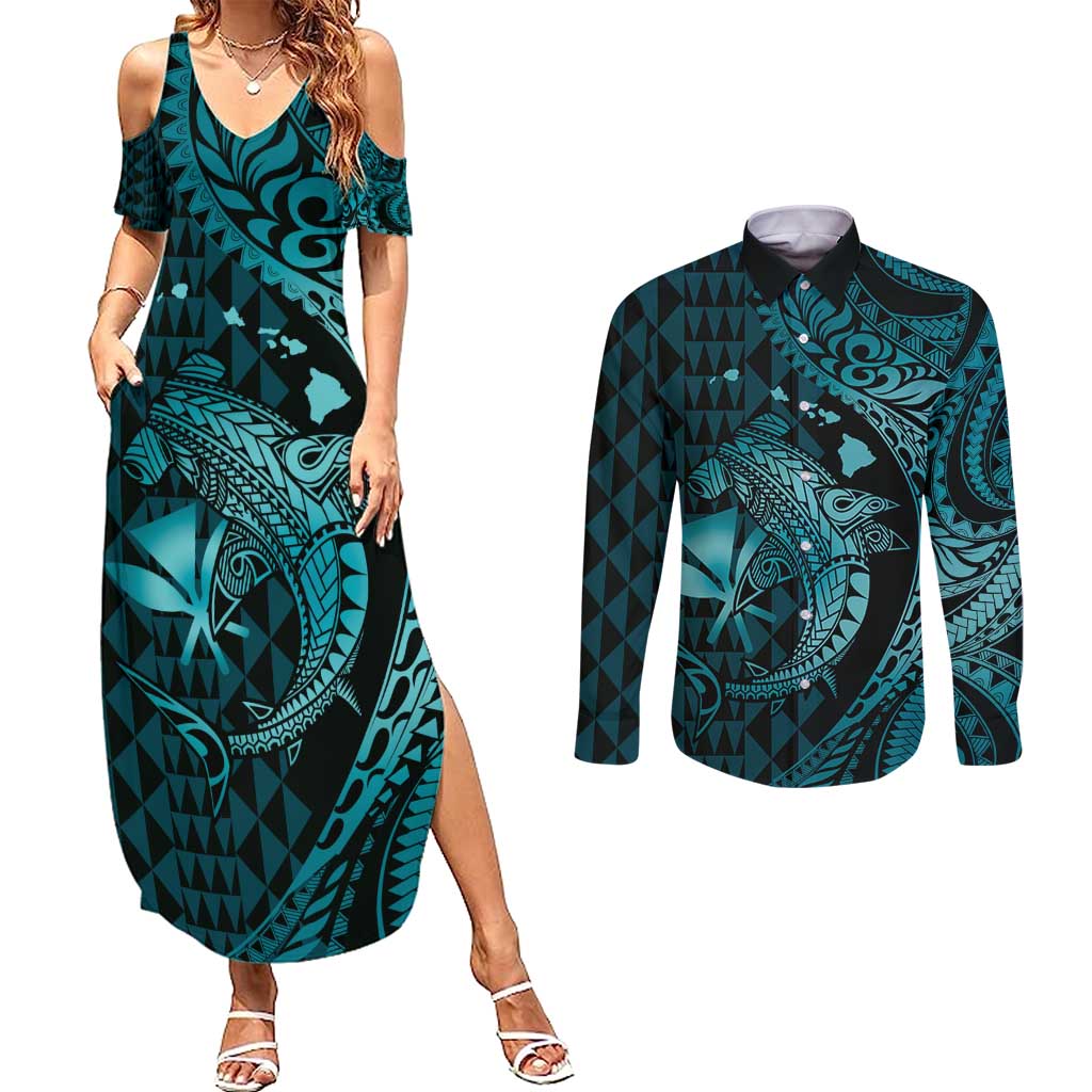 Aloha Hawaii Hammerhead Shark Couples Matching Summer Maxi Dress and Long Sleeve Button Shirt Turquoise Kakau and Polynesian Tattoo LT03