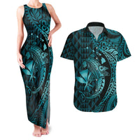 Aloha Hawaii Hammerhead Shark Couples Matching Tank Maxi Dress and Hawaiian Shirt Turquoise Kakau and Polynesian Tattoo LT03