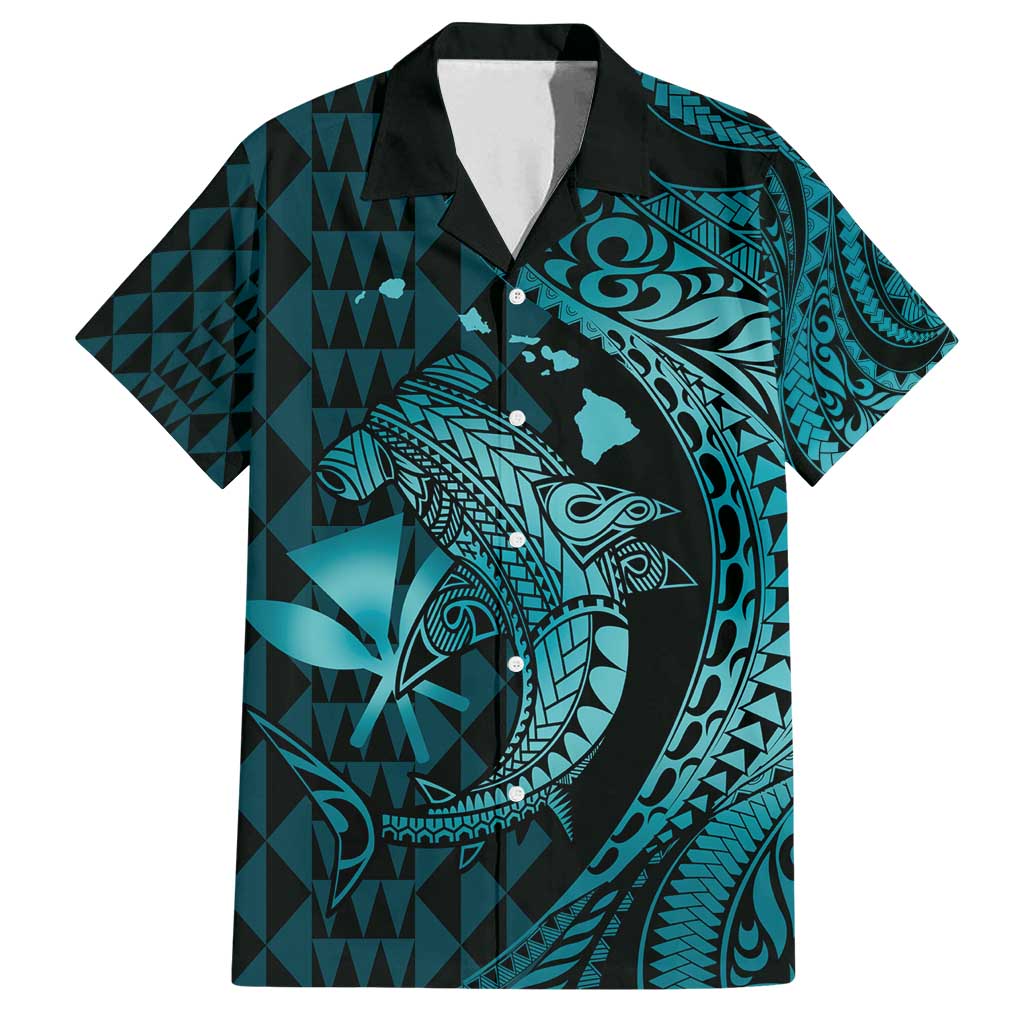 Aloha Hawaii Hammerhead Shark Family Matching Long Sleeve Bodycon Dress and Hawaiian Shirt Turquoise Kakau and Polynesian Tattoo LT03