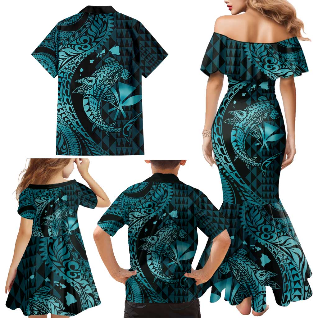 Aloha Hawaii Hammerhead Shark Family Matching Mermaid Dress and Hawaiian Shirt Turquoise Kakau and Polynesian Tattoo LT03