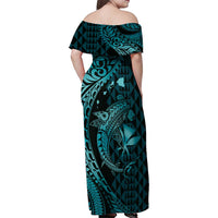 Aloha Hawaii Hammerhead Shark Family Matching Off Shoulder Maxi Dress and Hawaiian Shirt Turquoise Kakau and Polynesian Tattoo LT03