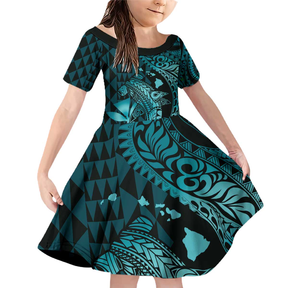 Aloha Hawaii Hammerhead Shark Family Matching Off Shoulder Short Dress and Hawaiian Shirt Turquoise Kakau and Polynesian Tattoo LT03