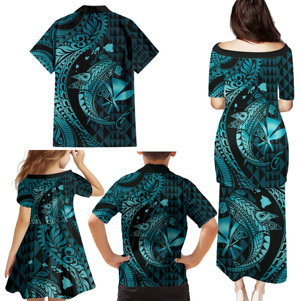 Aloha Hawaii Hammerhead Shark Family Matching Puletasi and Hawaiian Shirt Turquoise Kakau and Polynesian Tattoo LT03