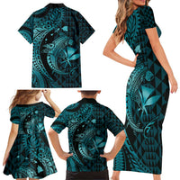 Aloha Hawaii Hammerhead Shark Family Matching Short Sleeve Bodycon Dress and Hawaiian Shirt Turquoise Kakau and Polynesian Tattoo LT03