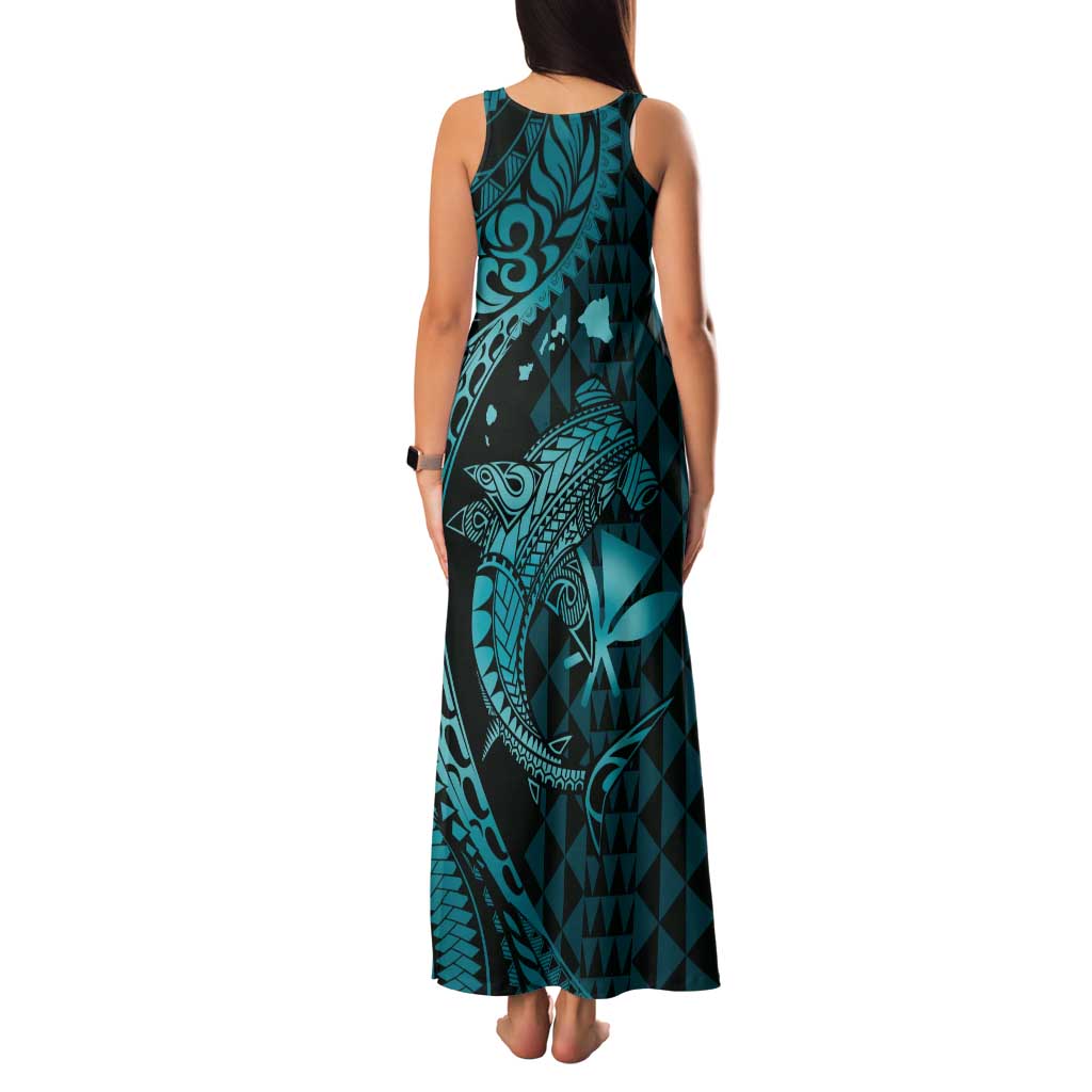 Aloha Hawaii Hammerhead Shark Family Matching Tank Maxi Dress and Hawaiian Shirt Turquoise Kakau and Polynesian Tattoo LT03