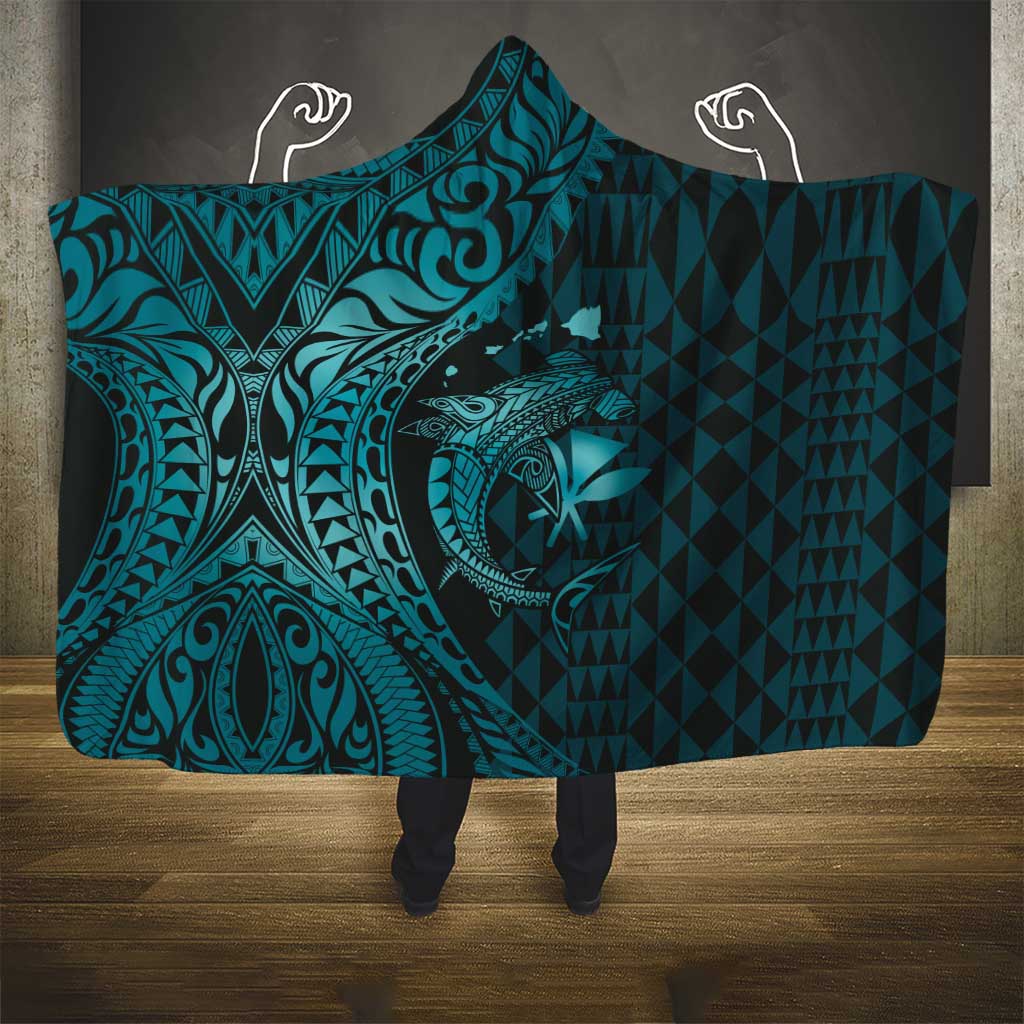 Aloha Hawaii Hammerhead Shark Hooded Blanket Turquoise Kakau and Polynesian Tattoo LT03