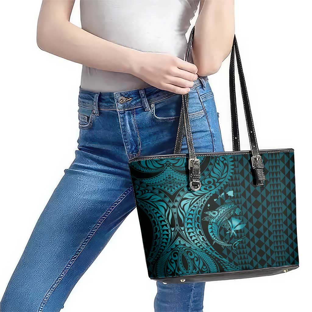 Aloha Hawaii Hammerhead Shark Leather Tote Bag Turquoise Kakau and Polynesian Tattoo LT03